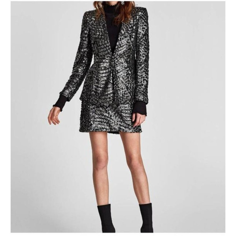 ZARA BASIC Black Sequin Embroidered Blazer Jacket - Size Medium